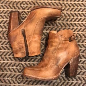 Tan Leather Booties with stacked wood heel, size 9
